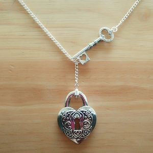 New Silver Toned Heart Lock Key Necklace